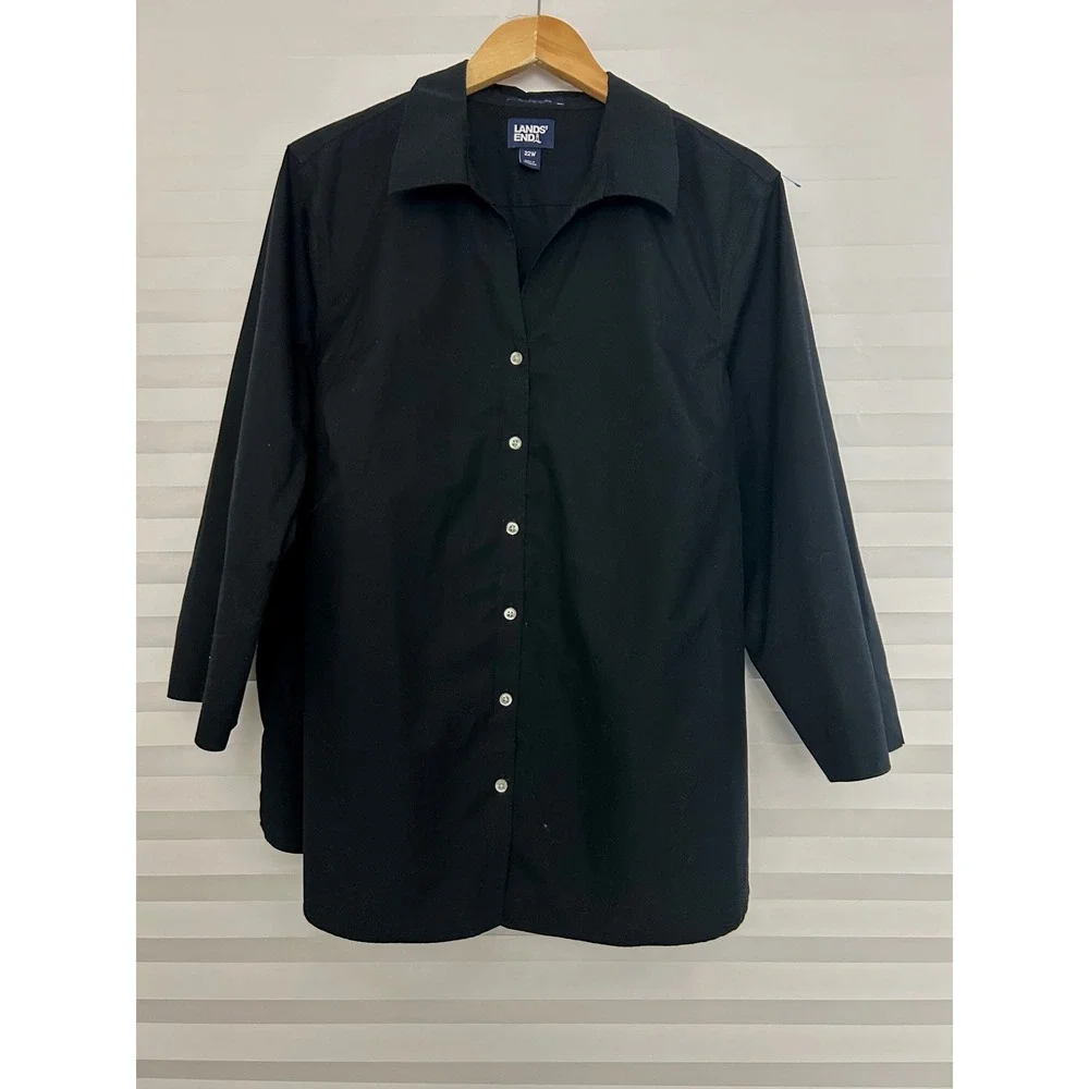 Lands End Women 22W Black No Iron Broadcloth 3/4 Sleeve Button Down Shirt